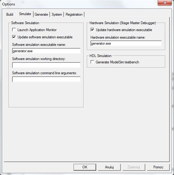 W zakładce Simulate dopilnować, by załączone zostały następujące pliki: Software simulation executable name: generator.exe Update hardware simulation executable: generator.