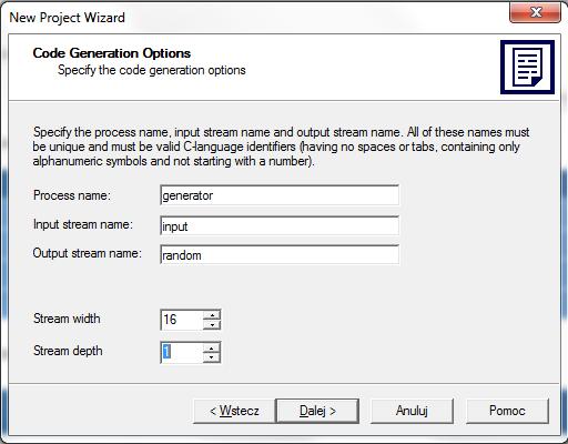 3.3. Czarodziej W oknie czarodzieja kliknąć przycisk Dalej. W nowym oknie kolejno: nazwać proces (np. generator) Process name: nazwać strumień wejściowy (np.