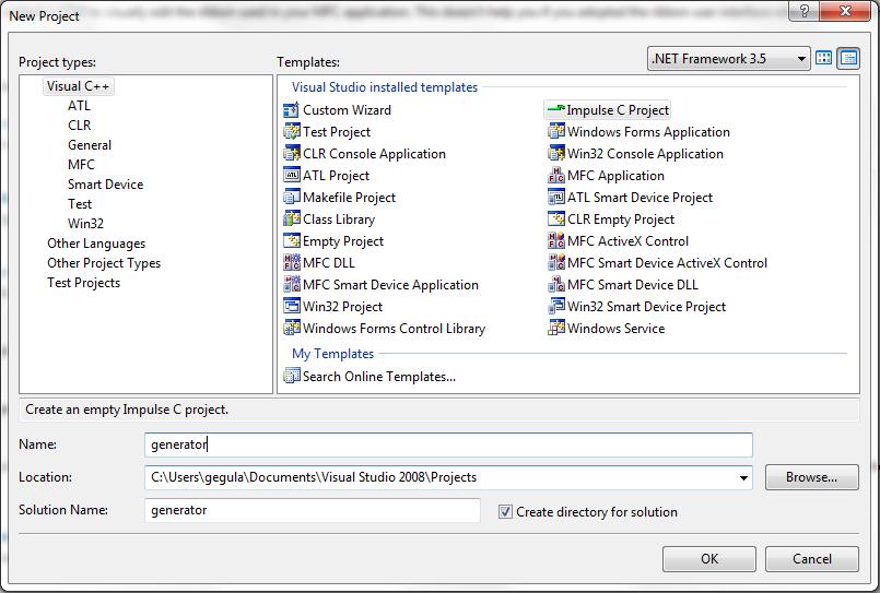 Programowalne Układy Cyfrowe Ćwiczenie nr W nowo otwartym oknie New Project: wybrać typ projektu Project types: Visual C++ wybrać wzorzec Templates: Impulse C Project nazwać projekt (np.
