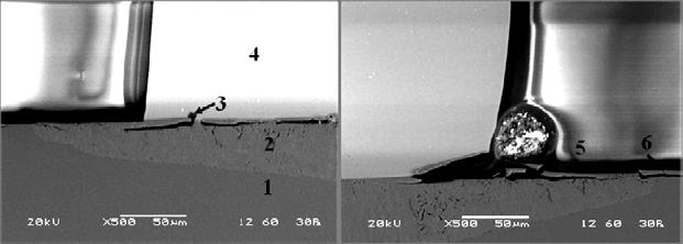 Zwilżalność i reaktywność MgAl 2 O 4 w kontakcie z ciekłym aluminium oderwany fragment wiskeru 2 5 6 podłoże MgAl 2 O 4 1 a) b) Punkt Mg Al O % atom. Fazy 1 14.2 38.0 47.8 MgAl 2 O 4 2 2.3 55.0 47.7 Al(Mg); Al 2 O 3 3 2.