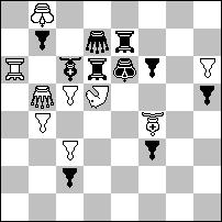 matami czarnym hetmanem. Bardzo miły drobiazg. 1.Wd4! ~ 2.b8H+, K:c6 3.Hb7+, H:b7# 1...G:c6 2.d8S+, Gd7 3.b8W, H:a5# 1...K:c6 2.Hd5+, Kc7 3.b8H+, H:b8# 1...Kd8 2.We8+, Kc7 3.