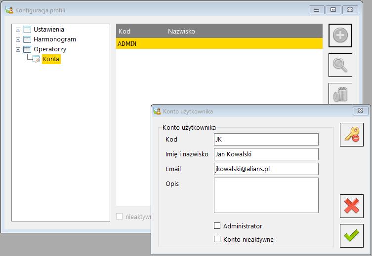 Operatorzy Domyślnym (wbudowanym w program) operatorem jest ADMIN. Początkowe hasło dla operatora ADMIN jest puste. Po zalogowaniu do programu można zmienić jego hasło.