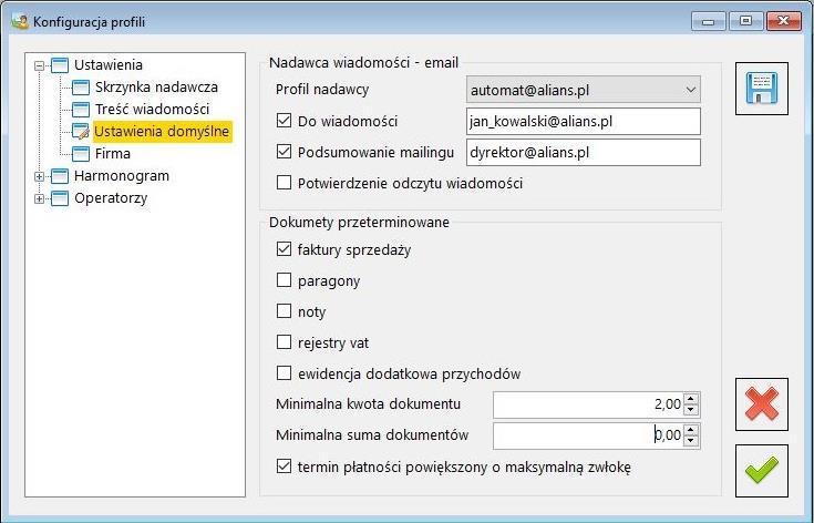 Ustawienia domyślne Ze względu na możliwość współpracy z wieloma bazami danych (obsługa wielu firm przez jeden program) umożliwiono wprowadzenie ustawień domyślnych, które będą używane podczas