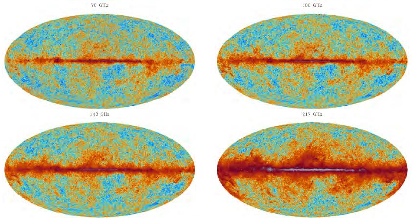 Planck Mapy nieba w 4 (spośród 9) częstości.