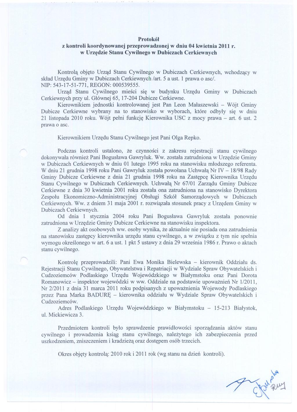 Protokól z kontroli koordynowanej przeprowadzonej w dniu 04 kwietnia 2011 r.