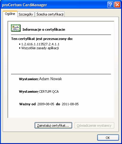 Rysunek 28: Okno informujące o zakończeniu operacji rejestracji certyfikatu Uwaga! Powyższa procedura rejestruje wszystkie certyfikaty znajdujące się na karcie w systemie Windows.