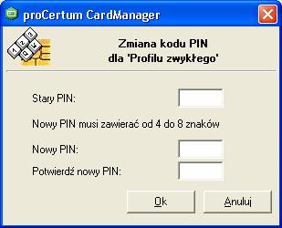 6.2. Nadanie nowego kodu PIN dla Profilu zwykłego karty Aby nadać nowy PIN należy nacisnąć przycisk Nowy PIN.