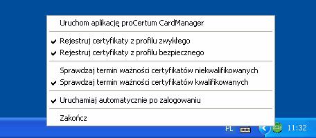 8. CryptoCertum Scanner W celu uruchomienia aplikacji CryptoCertum Scanner z menu Start należy wybrać CryptoCertum Scanner. Wyświetlona zostanie ikona w obszarze powiadomień.