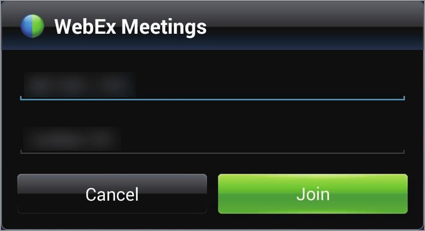WWW i sieć Dołączanie do sesji spotkania Aby dołączyć do spotkania, należy użyć jednej z następujących metod. Dołączanie do spotkania przy użyciu numeru sesji 1 Dotknij WebEx na ekranie aplikacji.