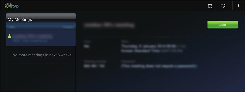 WWW i sieć Dołączanie do spotkania po wyborze jednego z nich w obszarze My Meetings 1 Dotknij WebEx na ekranie aplikacji. 2 Zaloguj się do swojego konta aplikacji WebEx.