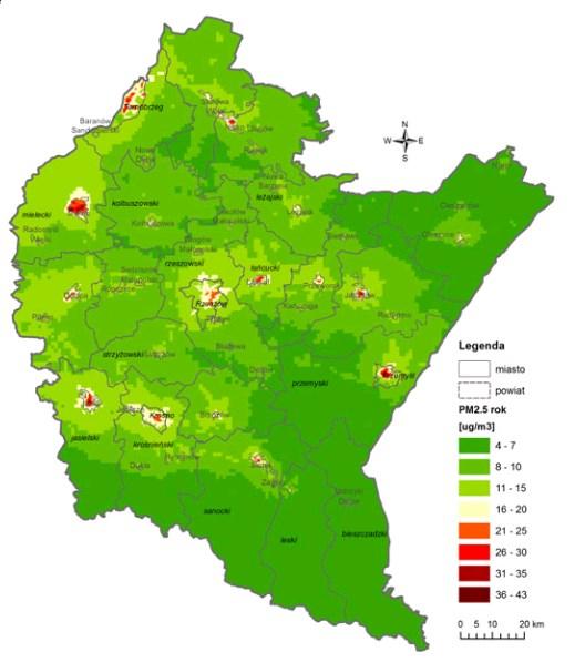 Mapa 9 Rozkład stężeń pyłu zawieszonego PM2,5 stężenia roczne na terenie województwa podkarpackiego w 2015 roku Źródło: Roczna ocena jakości powietrza w województwie podkarpackim.