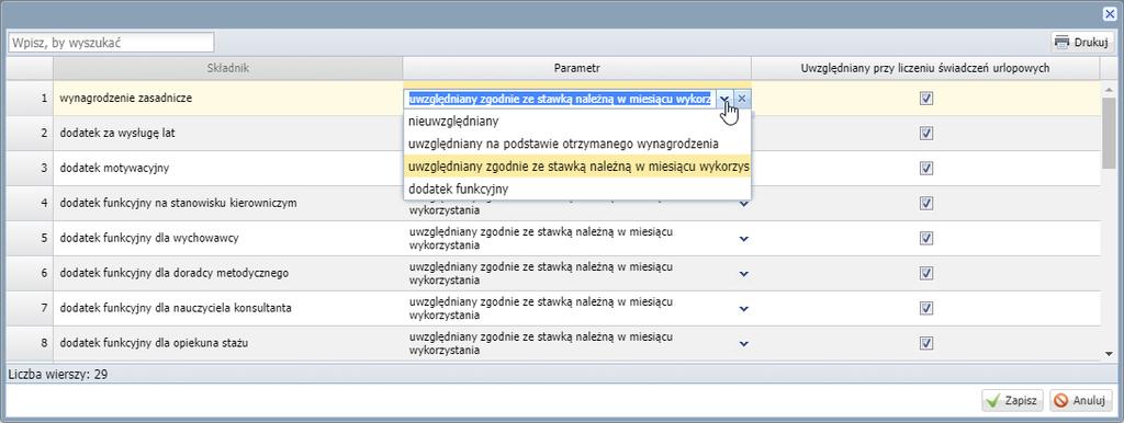 Dostępne są następujące opcje: - nieuwzględniany, - uwzględniany na podstawie otrzymanego wynagrodzenia dotyczy składników zmiennych i kwoty wynagrodzenia zostaną pobrane z zatwierdzonych list płac;