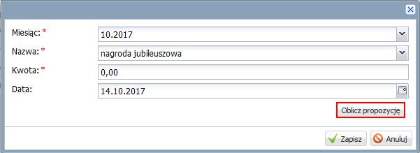 Wypełnij formularz. W polu Miesiąc ustaw miesiąc roku, w którym nauczycielowi przysługuje nagroda. W polu nazwa wybierz pozycję nagroda jubileuszowa. Kliknij przycisk Oblicz propozycję.