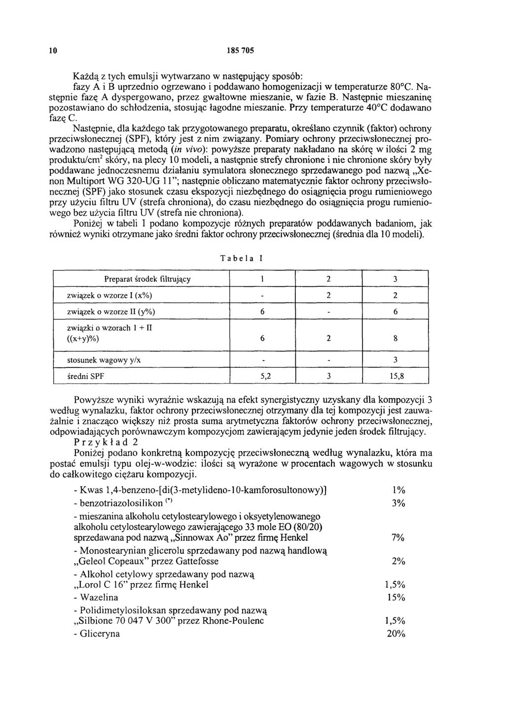 10 185 705 Każdą z tych emulsji wytwarzano w następujący sposób: fazy A i B uprzednio ogrzewano i poddawano homogenizacji w temperaturze 80 C.