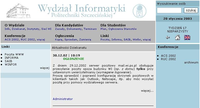 Strona główna Wydziału Informatyki (www.wi.ps.