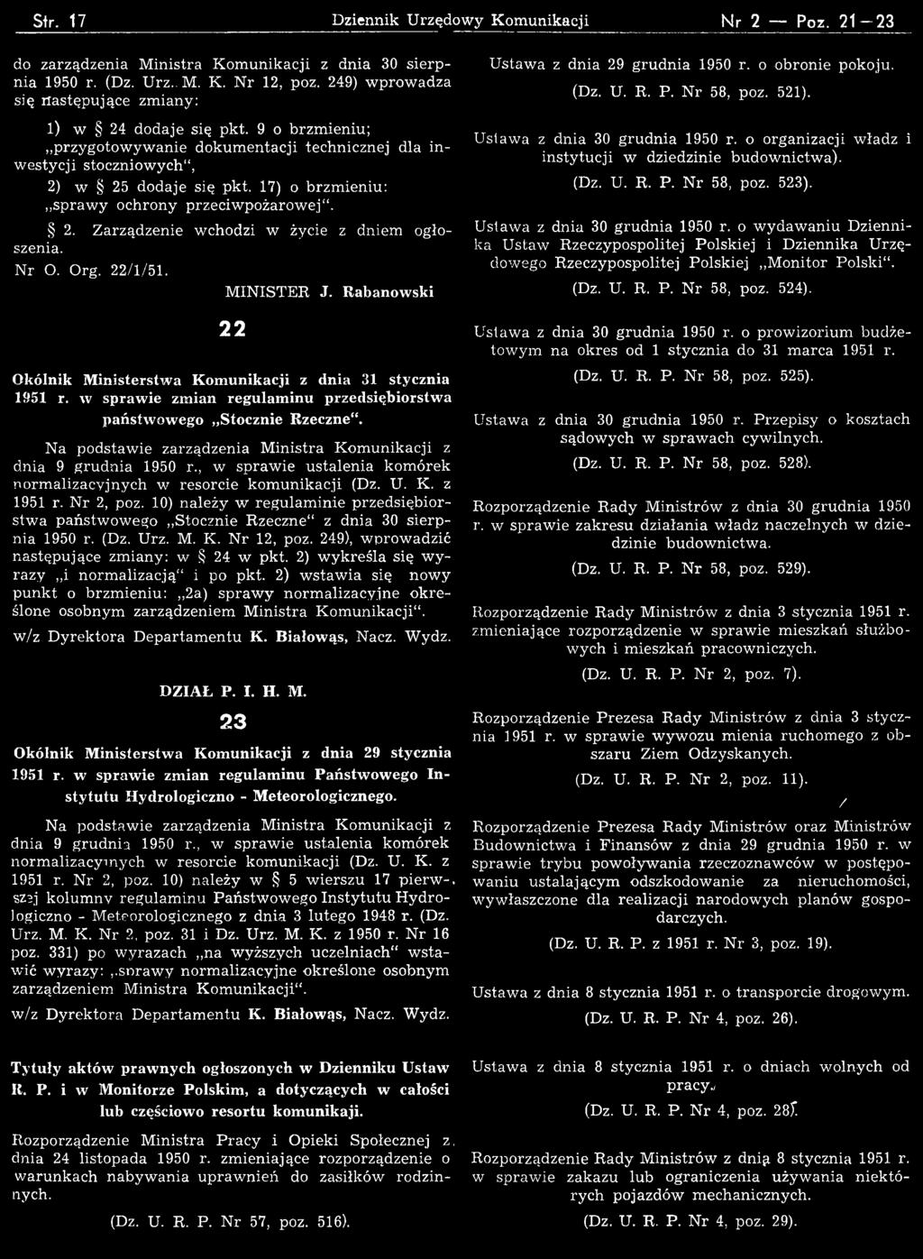 Na podstaw ie zarządzenia M inistra K om unikacji z dnia 9 grudnia 1950 r., w spraw ie ustalenia kom órek norm alizacyjnych w resorcie kom unikacji (Dz. U. K. z 1951 r. N r 2, poz.