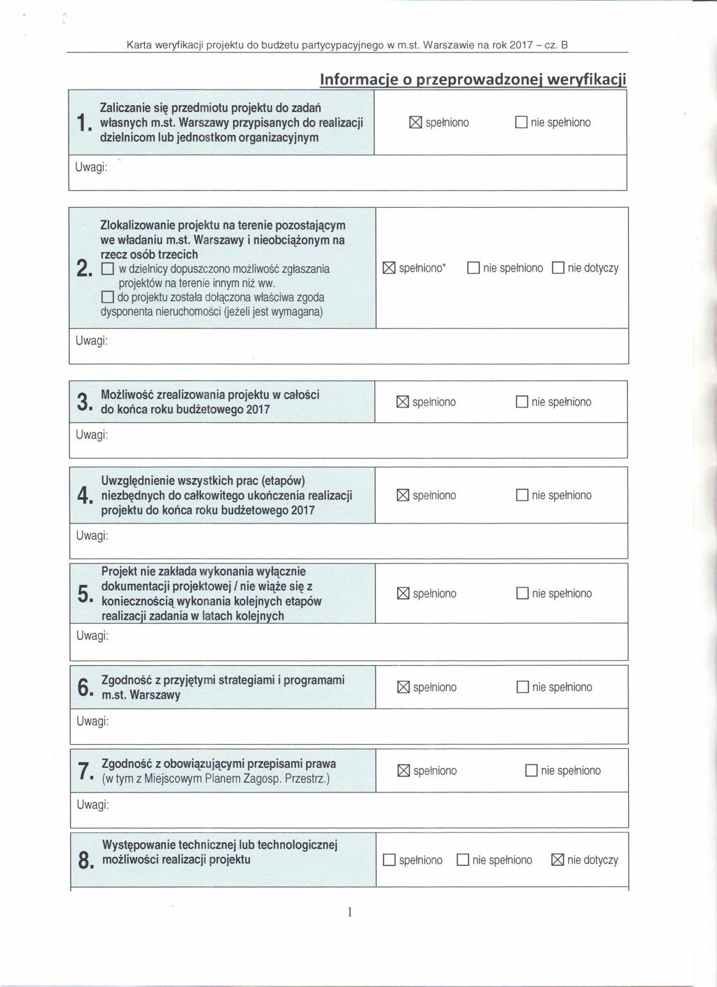 ---- Karta weryfikacji projektu do budżetu partycypacyjnego w m.st. Warszawie na rok 2017 - cz. B lnformacie 1. Zaliczanie się przedmiotu projektu do zadań własnych m.st. Warszawy przypisanych do realizacji dzielnicom lub jednostkom organizacyjnym ----------------~- O przeprowadzonej wervflkacil 2.