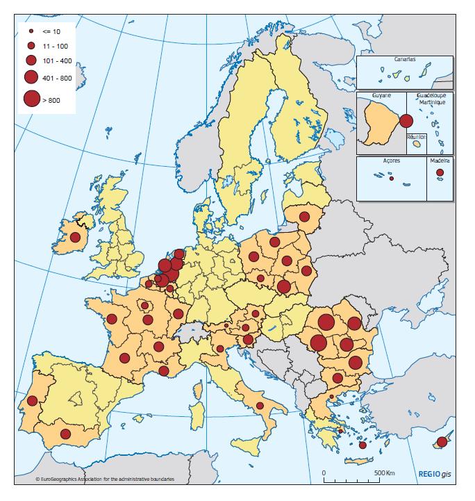 Rozmieszczenie wspieranych mikroprzedsiębiorstw pod względem regionalnym Poniższa mapa pokazuje liczbę odbiorców w podziale na regiony NUTS1 według stanu na dzień 30 września 2013 r.