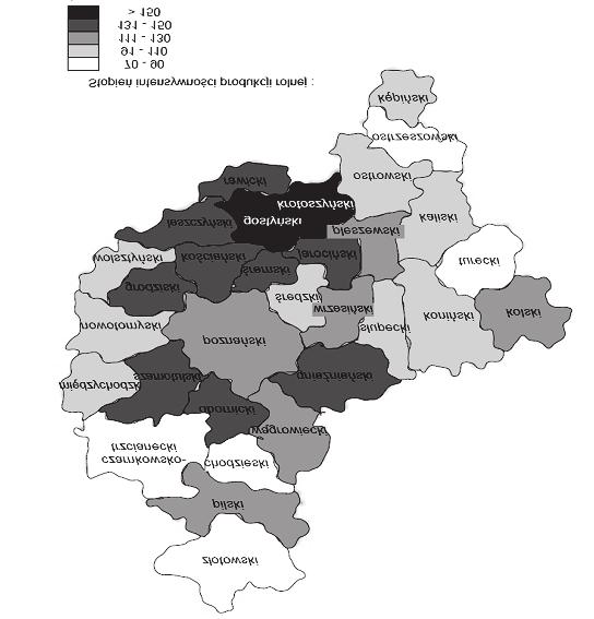 544 Katarzyna Smędzik-Ambroży, Joanna Strońska-Ziemiann Rys. 1. Zróżnicowanie intensywności produkcji rolnej w Wielkopolsce według powiatów Źródło: opracowanie własne na podstawie [GUS 2003a, s.