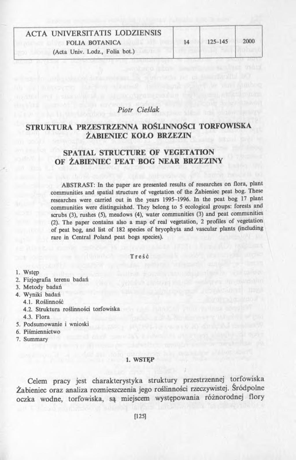 ACTA UNIV ERSITA TIS LODZIENSIS FOLIA BOTANICA 14 125-145 2000 (Acta Univ. Lodz., Folia bot.