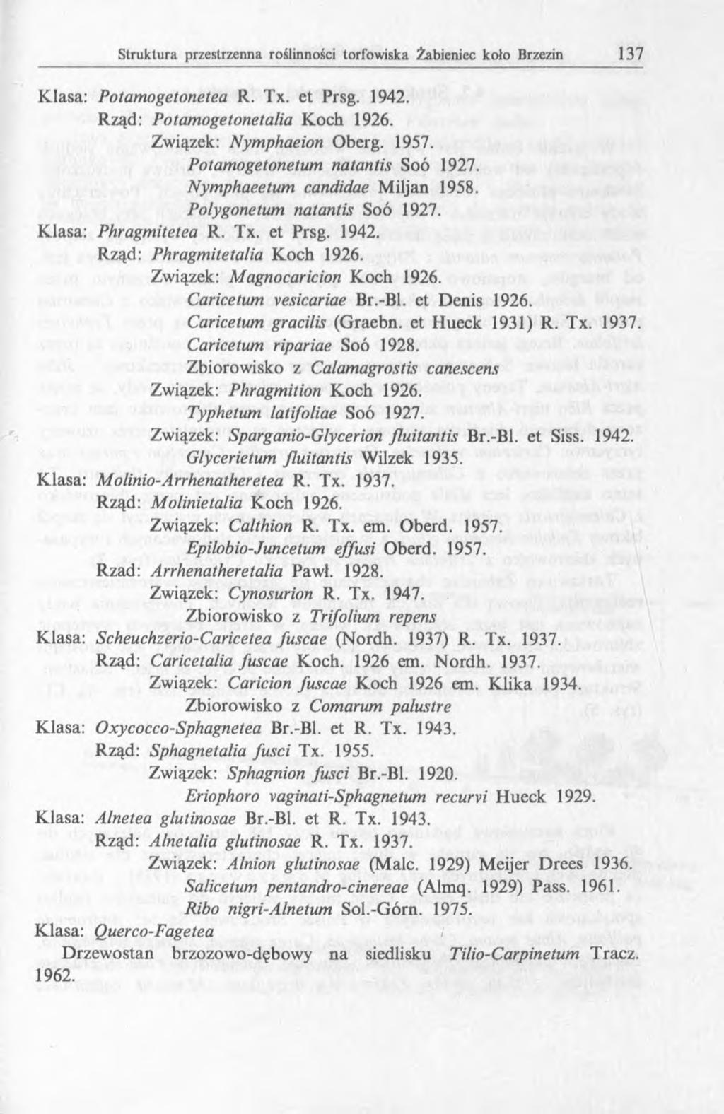 Klasa: Potamogetonetea R. Tx. et Prsg. 1942. Rząd: Potamogetonetalia Koch 1926. Związek: Nymphaeion Oberg. 1957. Potamogetonetum natantis Soó 1927. Nymphaeetum candidae Miljan 1958.