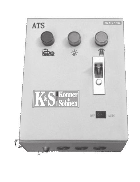 DANE TECHNICZNE MODEL KS ATS 1/45 Zakres napięcia, V 230 Prąd (A), maks 45 Moc, kw 11 Moduł Automatyki SZR automatycznie uruchamia generator podczas odłączenia (zaniku) głównego źródła zasilania.