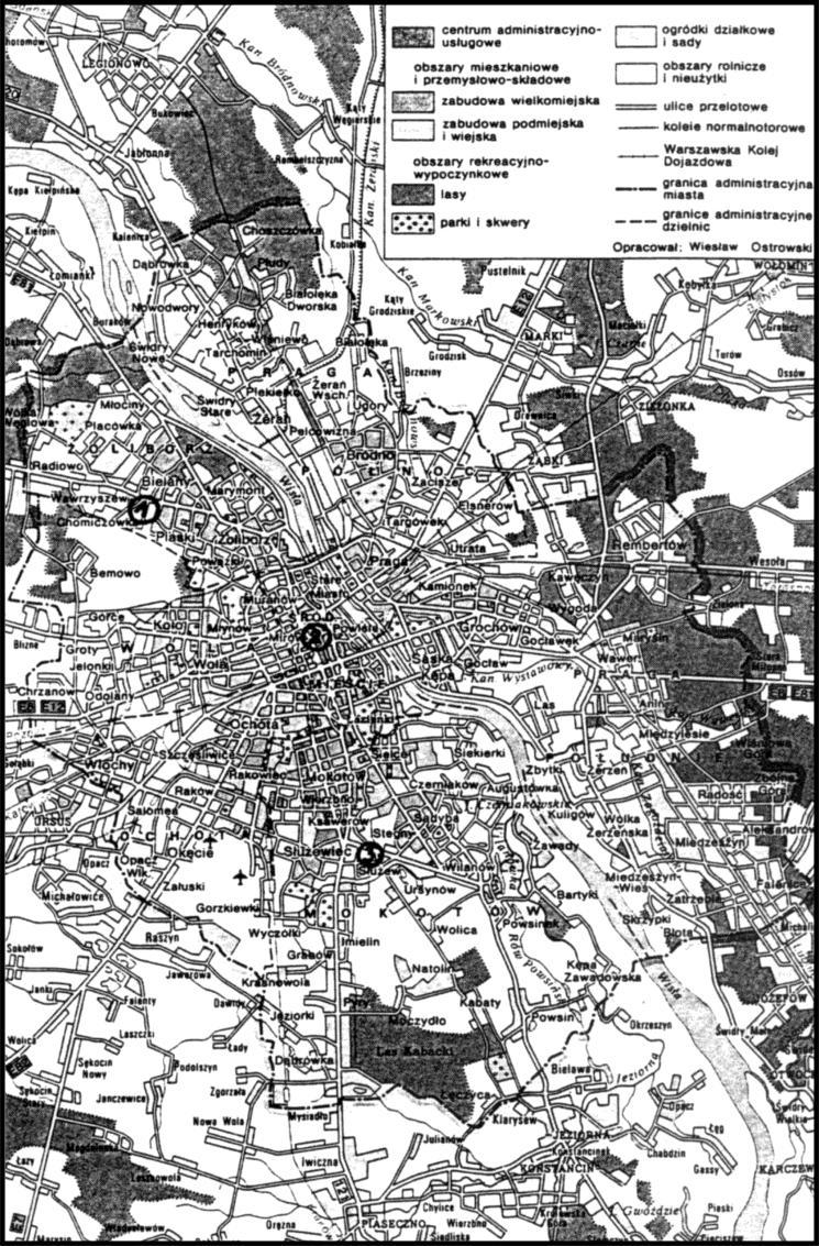 Ry sune k 1. Rozmieszczenie stanowisk pomiarowych w Warszawie w lipcu 1991 r. 1 Punkty północne (Chomiczówka), 2 Punkty śródmiejskie (Plac Piłsudskiego, ul.