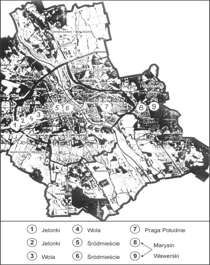 Ry sune k 1. Rozmieszczenie punktów pomiarowych w Warszawie na profilu W-E w dniach 30.06.-22.07.1992 r. Ry sune k 2.