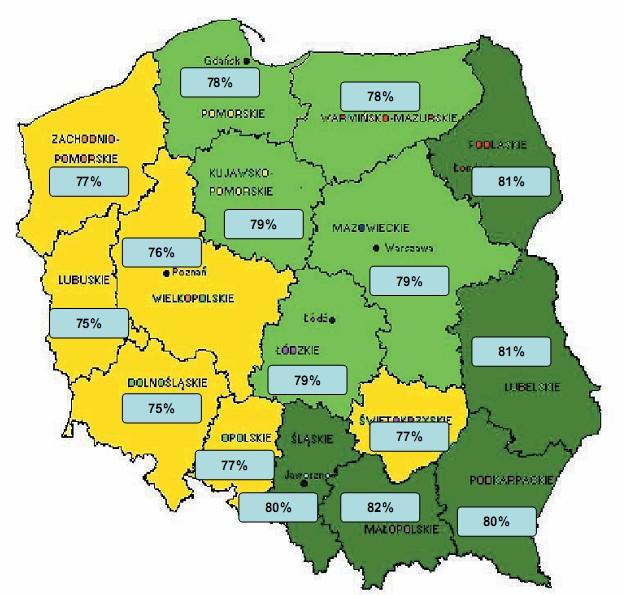 Zdawalność egzaminu w poszczególnych województwach obrazuje poniższa mapa.