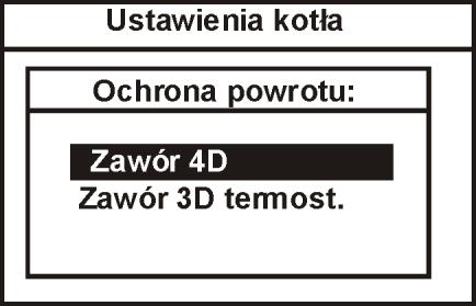 11 USTAWIENIA SERWISOWE KOTŁA 11.1 Ochrona powrotu Uwaga: funkcja ochrony powrotu zabezpiecza kocioł przed pracą na zimnej wodzie powrotnej.