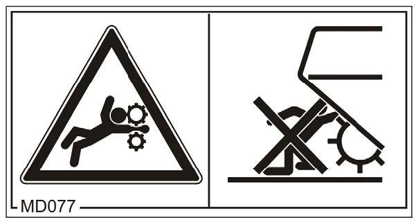 Nigdy nie otwierać osłon, tak długo, jak przy dołączonym wałku przekaźnikowym / instalacji hydraulicznej / elektronicznej pracuje silnik ciągnika. lub przy kole glebowym znajdującym się w ruchu.