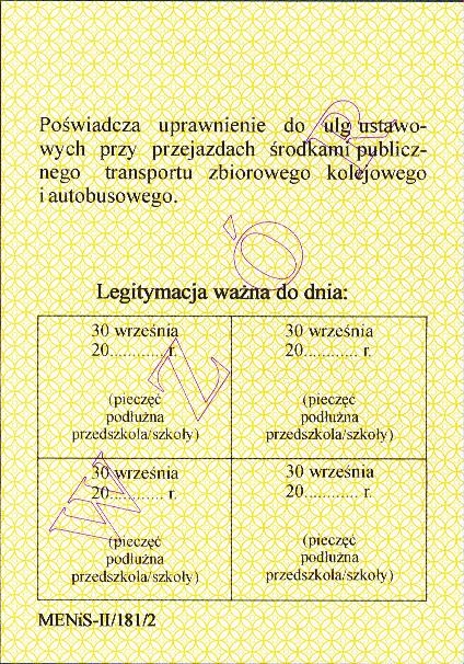 Wzór nr 13a do 20, 29 Karton T o ó te pantone nr 123 C Wymiary 72 x 103 mm Legitymacje przedszkolne dla