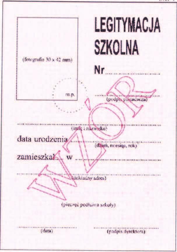 Wzór nr 15 do 20, 29 LEGITYMACJA SZKOLNA DLA