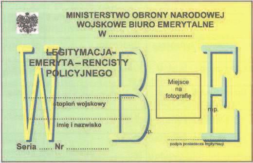 Wzór nr 35 do 23, 25 Legitymacja o wymiarach 55 mm x 85 mm, oprawa twarda, materia karton, kolor zielonoó ty z napisem w tle WBE, dwustronnie foliowana Strona 1 Czarne napisy wykonane rón czcionk: w