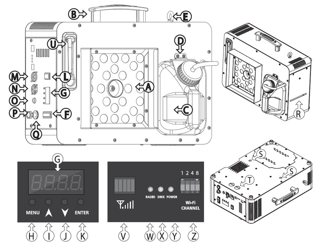 BUDOWA A. 28 diody LED B. Uchwyt C. Zbiornik na płyn do dymiarek D. Mocowanie Zbiornika E. Pętla Bezpieczeństwa F. Włącznik G. Wyświetlacz LED H. Menu I. Up (do góry) J. Down (w dół) K. Enter L.