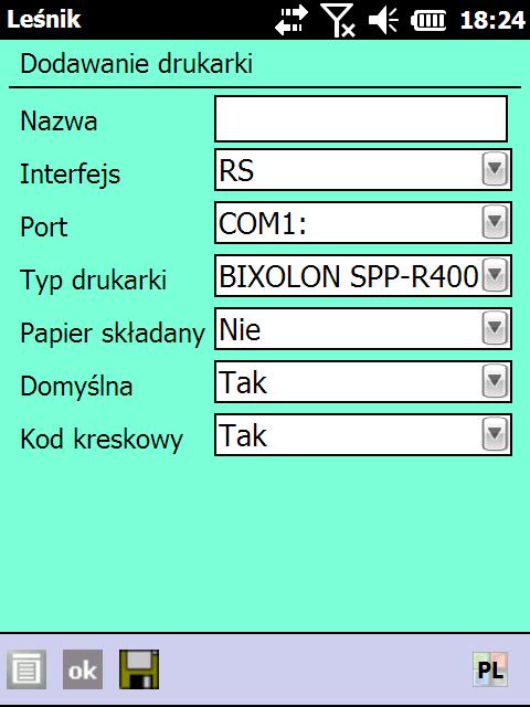 Wybieramy interfejs, czyli sposób w jaki rejestrator będzie komunikował się z drukarką. Dostępne opcje: RS, Bluetooth, TCP/IP, NetBIOS, TCP_IP_Zdalnie, NetBIOS_Zdalnie.