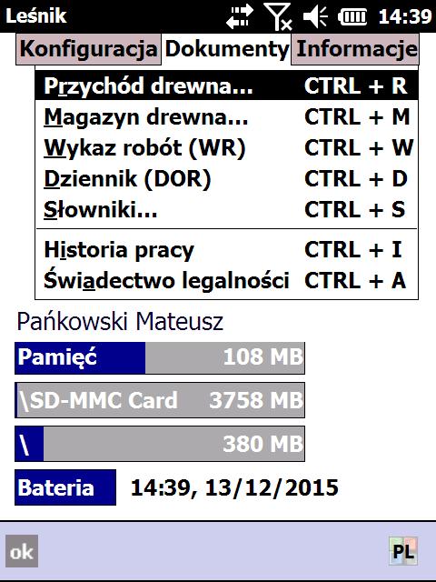 użytkownik - konto użytkownika dla leśniczego. Będąc zalogowanym na tym koncie leśniczy rejestruje dane i tworzy dokumenty źródłowe.