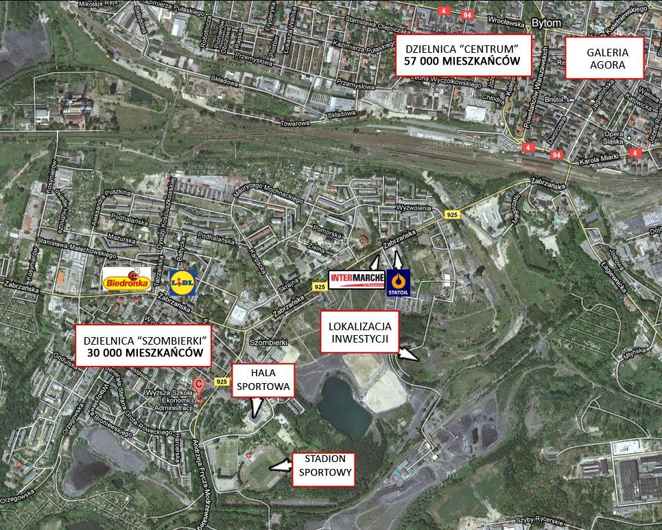 Sąsiedztwo nieruchomości Otoczenie nieruchomości: - Intermarche (w trakcie budowy) - pole golfowe wraz z zabudową mieszkaniową (w trakcie budowy) - stacja paliw Statoil - miejska hala sportowa -