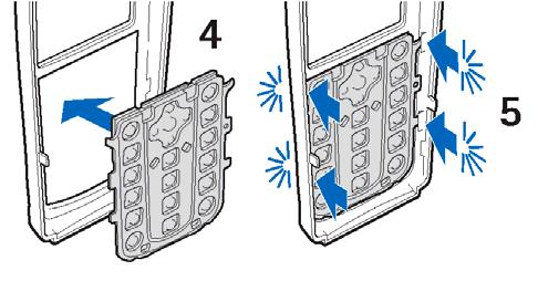 4. Umie æ p³ytkê z klawiszami w nowej przedniej obudowie (4). 5. Doci nij p³ytkê z klawiszami (5). Pierwsze kroki 6. Za³ó przedni± obudow± na telefon, zaczynaj±c od jej dolnej czê ci (6). 7.