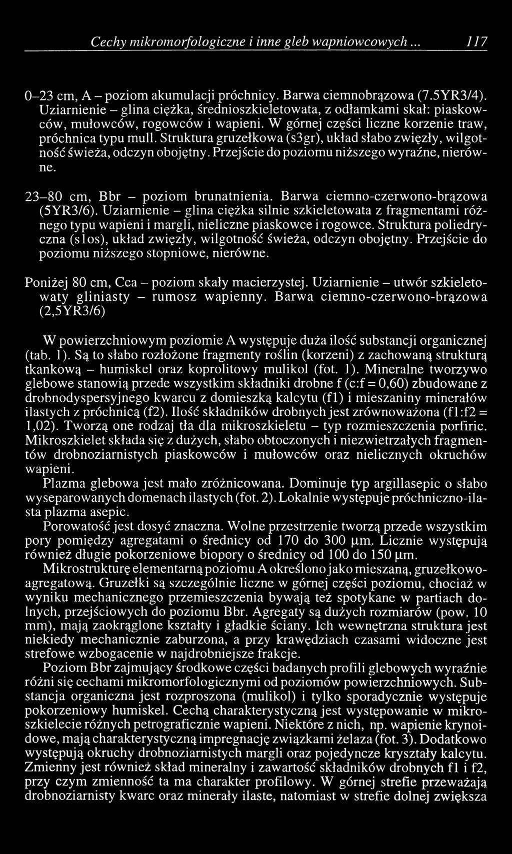 Struktura gruzełkowa (s3gr), układ słabo zwięzły, wilgotność świeża, odczyn obojętny. Przejście do poziomu niższego wyraźne, nierówne. 23-80 cm, Bbr - poziom brunatnienia.