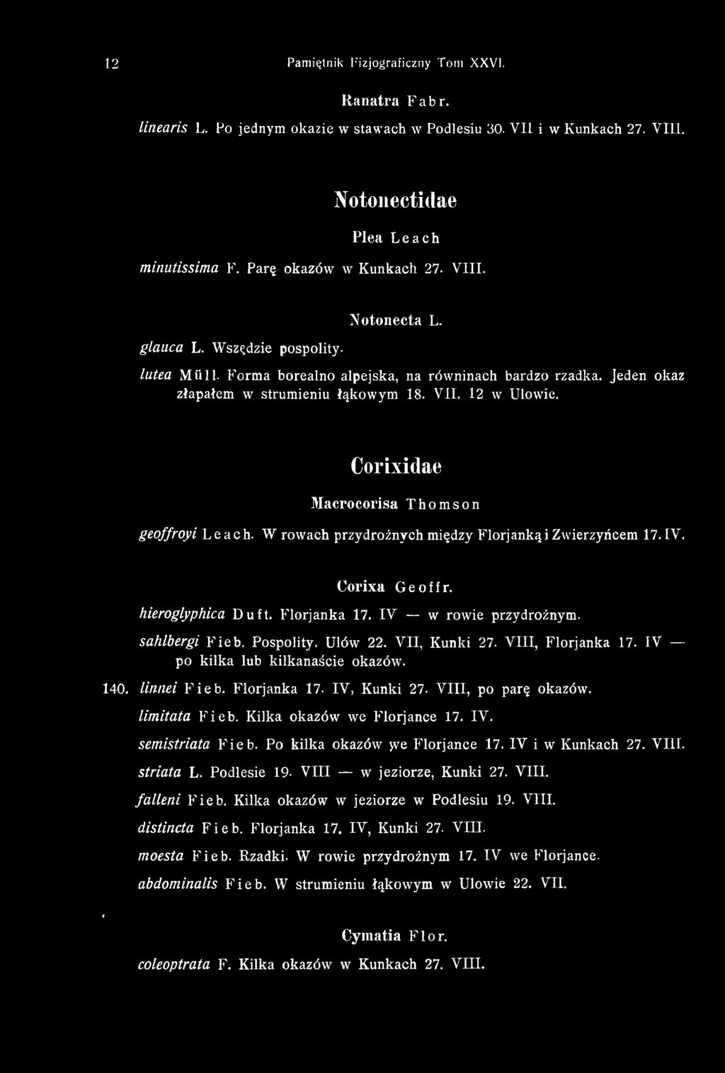12 w Ulowie. Corixidae M acrocorisa Thomson geoffroyi Leach. W rowach przydrożnych między Florjankąi Zwierzyńcem 17.IV. C orixa Geoffr. hieroglyphica Duft. Florjanka 17. IV w rowie przydrożnym.