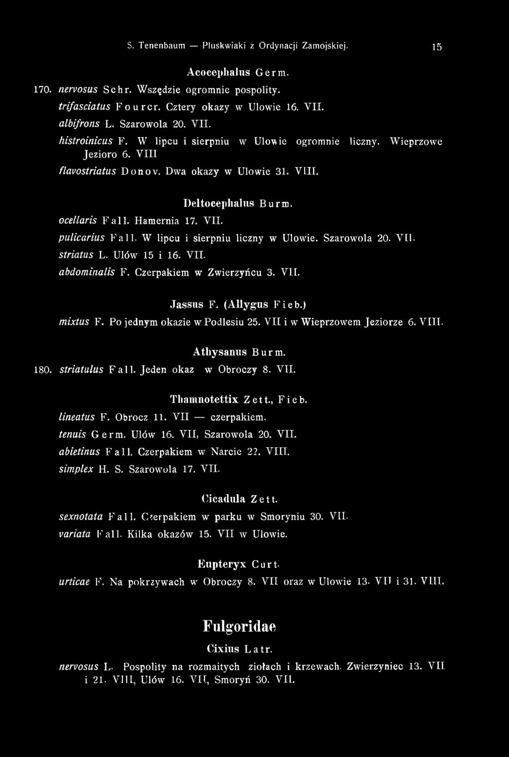 Hamernia 17. VII. pulicarius Fali. W lipcu i sierpniu liczny w Ulowie. Szarowola 20. VII. striatus L. Ułów 15 i 16. VII. abdominalis F. Czerpakiem w Zwierzyńcu 3. V II. J a ssu s F. (A llygus Fieb.