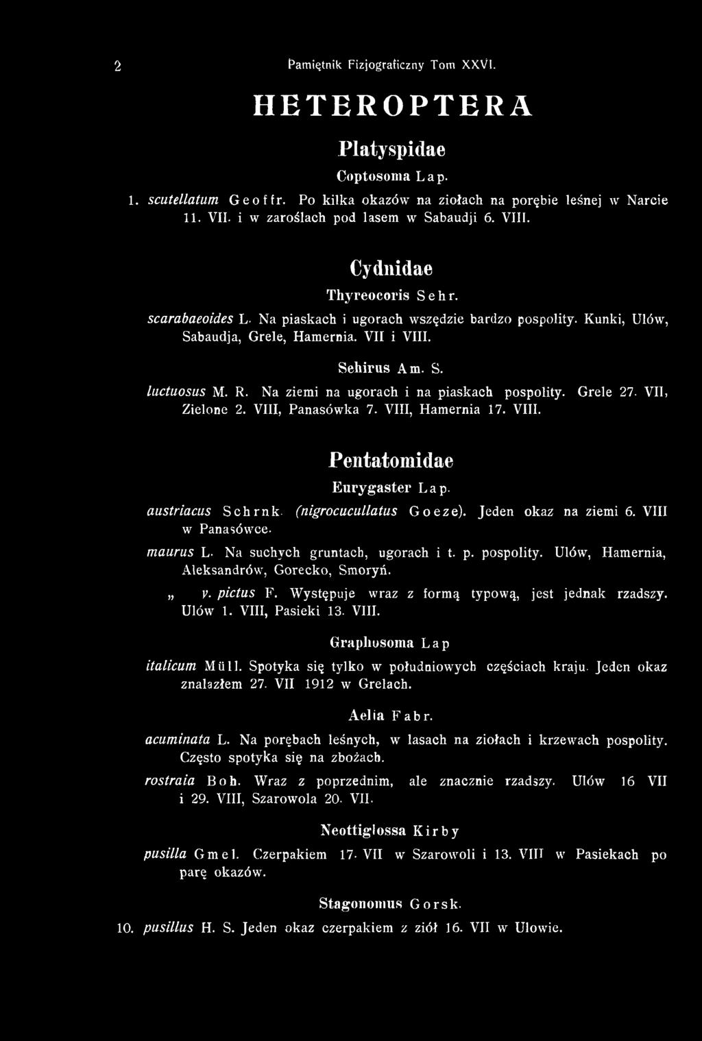 Występuje wraz z formą typową, jest jednak rzadszy. Ułów 1. VIII, Pasieki 13. VIII. Graphosoma L ap italicum Mii U. Spotyka się tylko w południowych częściach kraju. Jeden okaz znalazłem 27.