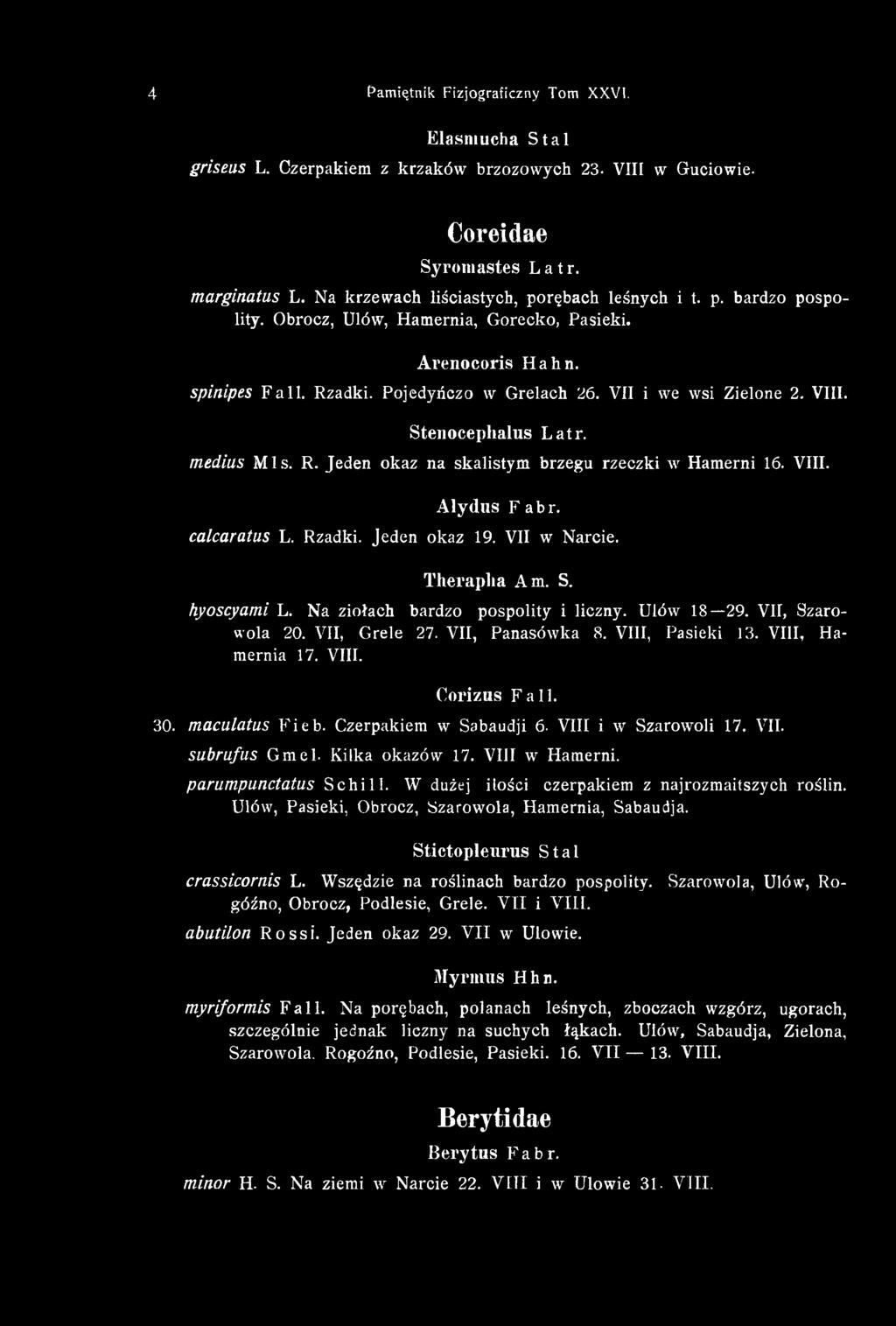 Czerpakiem w Sabaudji 6. VIII i w Szarowoli 17. VII. subrufus Gmel. Kilka okazów 17. VIII w Hamerni. parumpunctatus Schill. W dużej ilości czerpakiem z najrozmaitszych roślin.