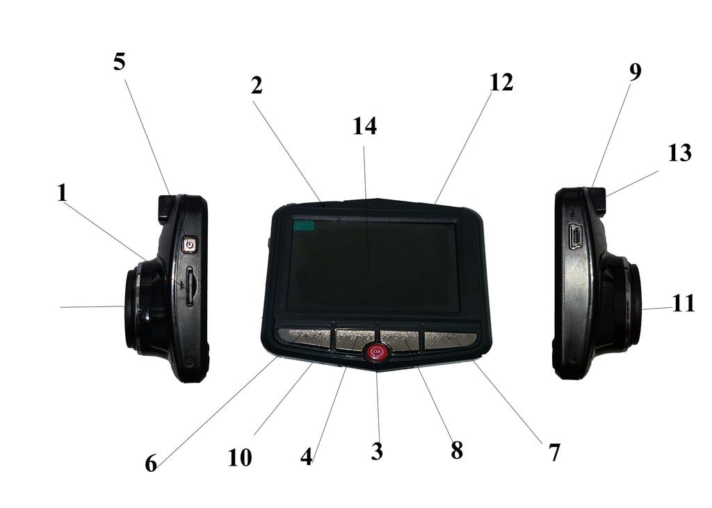 3. Wygląd i funkcje 1. Czytnik kart - MicroSD 2. Dioda sygnalizacyjna (czerwona ładowanie; niebieska tryb gotowości;) 3. REC/SNAP Przycisk nagrywania/robienia zdjęć/zatwierdzania ustawień 4.