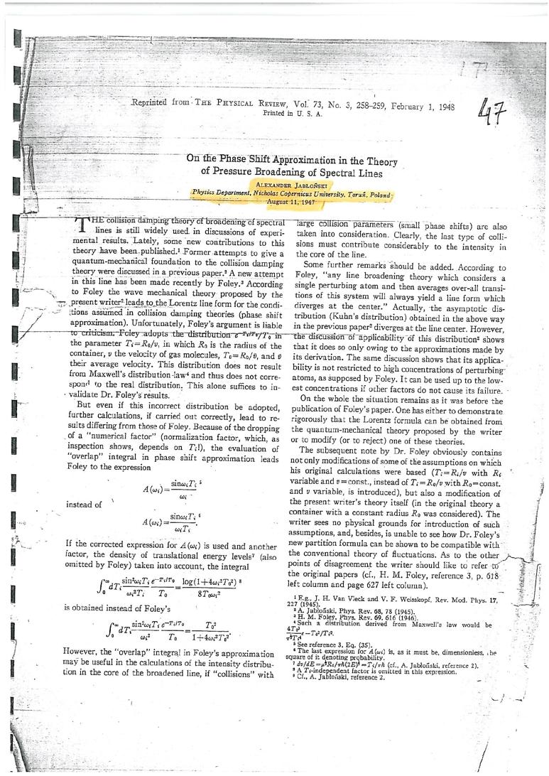 11.08.1947: Pierwsza publikacja naukowa [A. Jabłoński, Phys. Rev.