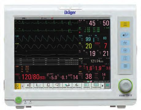 Vista 120 S System monitorowania pacjenta Firma Dräger bierze pod uwagę rosnące zapotrzebowanie na monitory pacjenta z wbudowanym modułem łączności, zapewniające podstawowe monitorowanie w