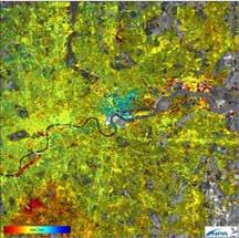 MAPA ZAGROŻEŃ GEOLOGICZNYCH W LONDYNIE Na zamieszczonej mapie Londynu wskazano obszary osiadania terenu (na czerwono) i jego wznoszenia się (na niebiesko) w całym mieście.