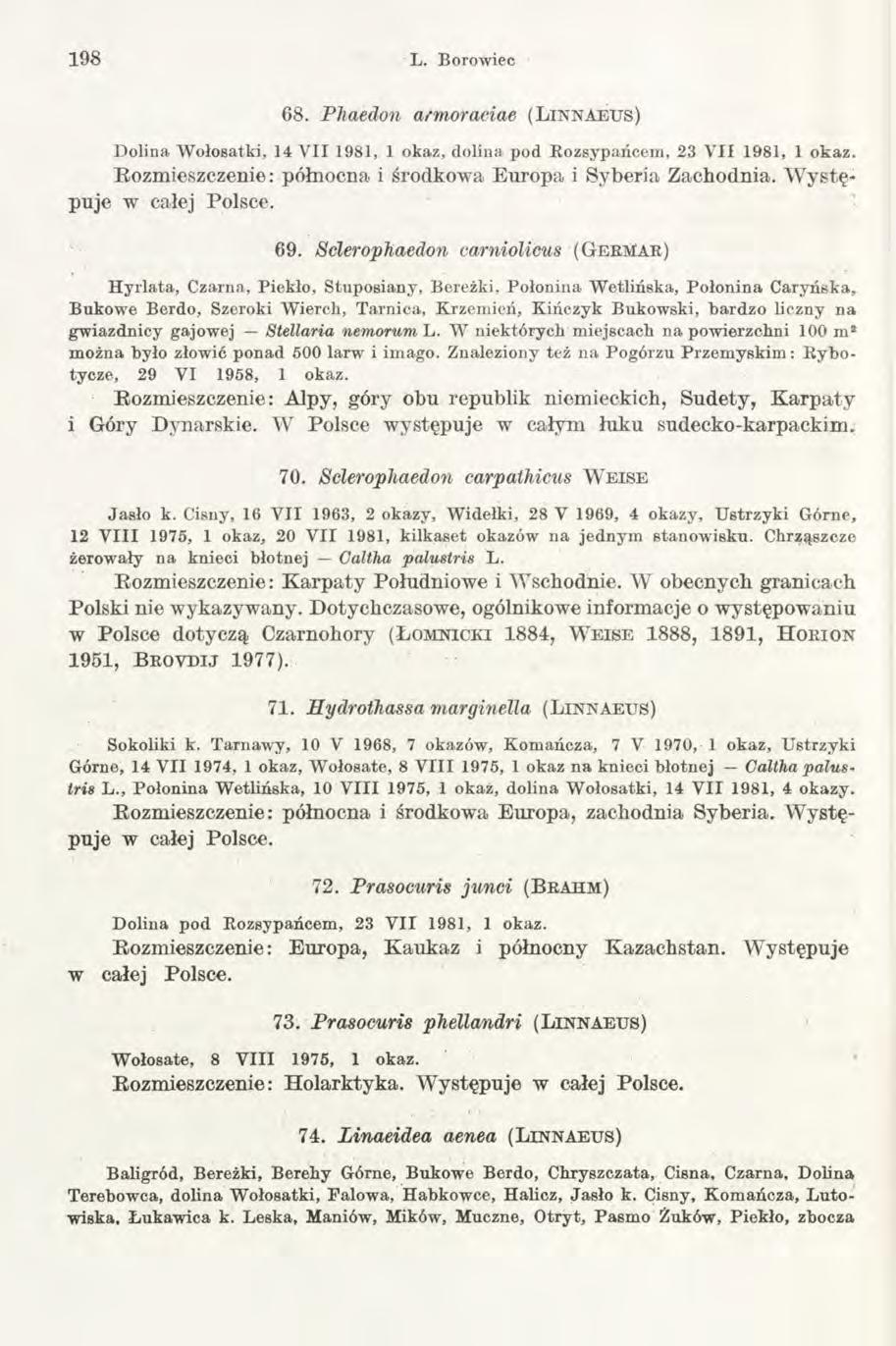 198 L. Borowiec G8. Phaedon armor aciae (L i n n a e u s ) Dolina. W ołosatki, 14 V II 1981, 1 okaz, dolina pod Rozsypańcem, 23 V II 1981, 1 okaz.