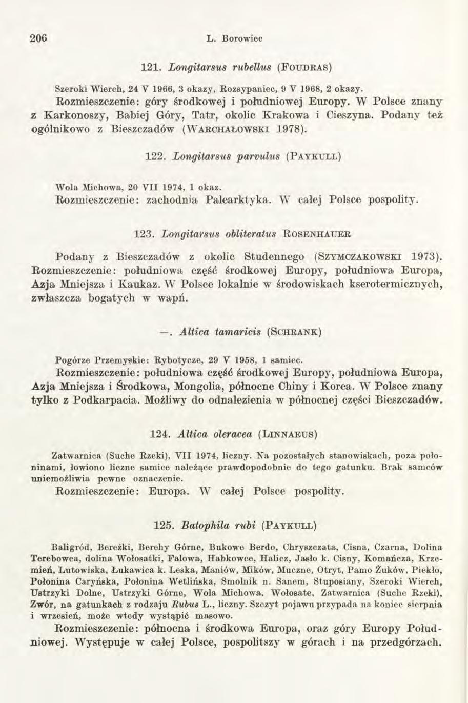 206 L. Borowiec 121. Longitarsus rubellus ( F o u d r a s ) Szeroki W ierch, 24 V 1966, 3 okazy, R ozsypaniec, 9 V 1968, 2 okazy. Rozmieszczenie: góry środkowej i południowej Europy.